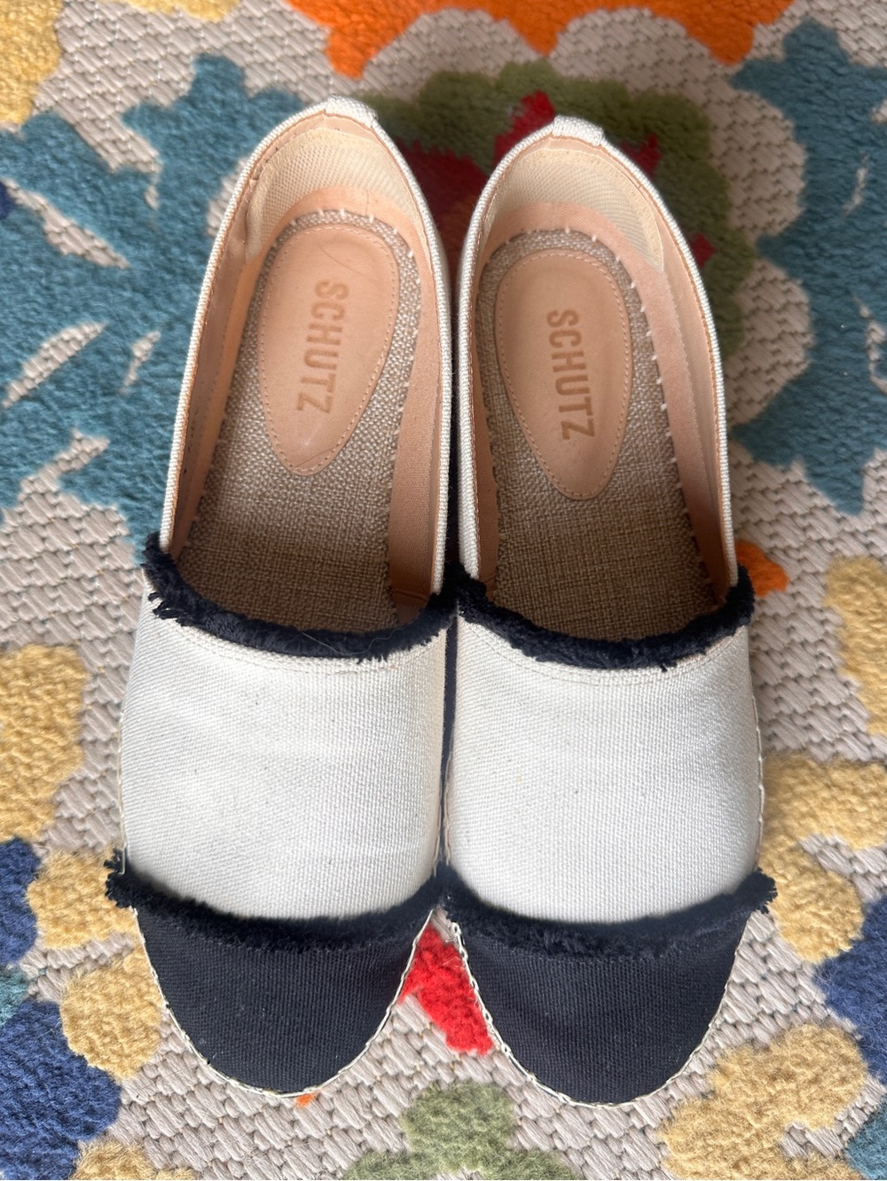 Schutz Cap Toe Espadrille Flats Cream Black Canvas Shoes Size 7B